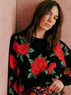 Sézane Adolie Rose knit Jumper Floral Crewneck Sweater Black & Red XL
